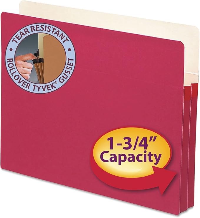 Smead File Pocket, Straight-Cut Tab, 1-3/4" Expansion, Letter Size, Red, 50 per Box (73221)