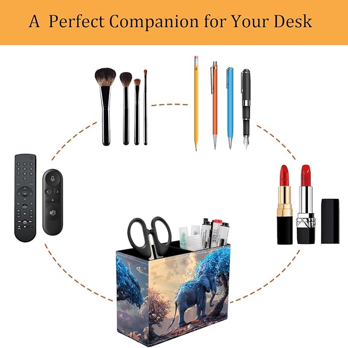 Pen Holder for Desk, PU Leather Multifunctional Desktop Storage Box and Anti-Slip Mouse Pad Set, Makeup Brush Holder Pen Organizer for Office and Home - Leaves and Elephants
