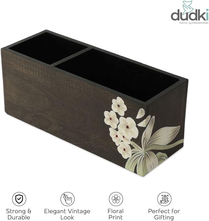 dudki 2 Compartment Floral Design Wooden Desk organizer caddy For Multipurpose stationary Storage Pen Stand Accessories With 2 Slots, Wooden, Classy looking dining table décor
