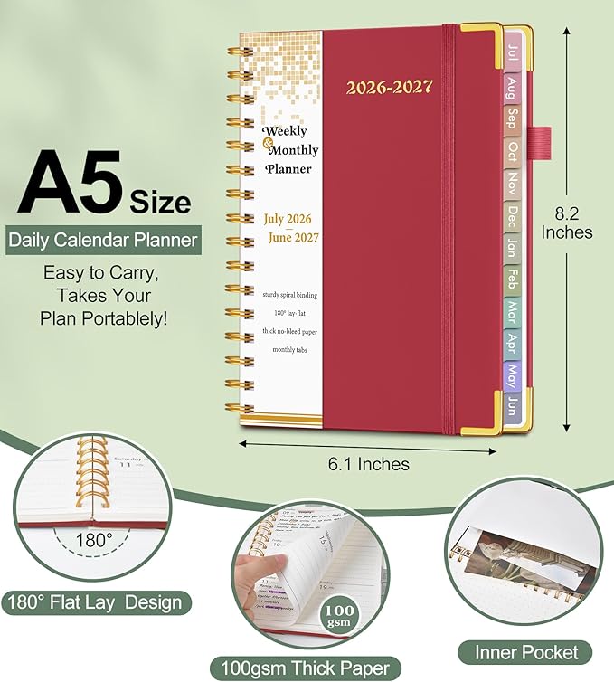 Academic Planner 2026-2027, Hardcover Weekly and Monthly Calendar Planner from July 2026 - June 2027, Daily Agenda Planners with Tabs, College School Organizer for Student Teacher, A5 (6.1" x 8.2"), Red