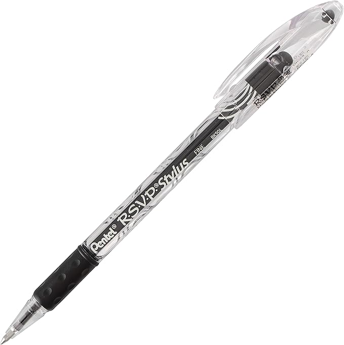 Pentel RSVP STYLUS Ballpoint Pen, Fine Line, Black Ink (BK90L-A) (12 count)