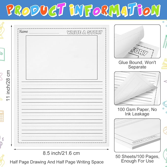 50 Sheets Writing Beginner Paper for Kids Create Story, 8.5"x11" Handwriting Paper Bulk with Picture Space and Lines DIY Craft Writing Kit for Kids Journal Activity, Easter Gifts