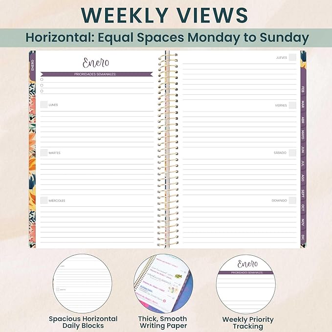 bloom daily planners UNDATED Spanish Calendar Year Day Planner - Passion/Goal Organizer - Start Anytime Monthly & Weekly Agenda Book with Tabs (January to December) - 5.5" x 8.25" - Cheerful Garden