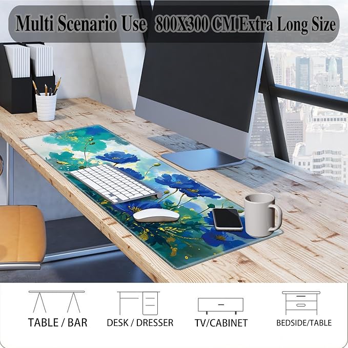 Mouse Pad Gaming Mousepad 31.5x11.8 Inch XXL Large + Coasters,Desk Mat with Stitched Edges, Non-Slip Rubber Base, Thick Mouse Pad for Computer, Laptop, Office & Home - Blue Flower