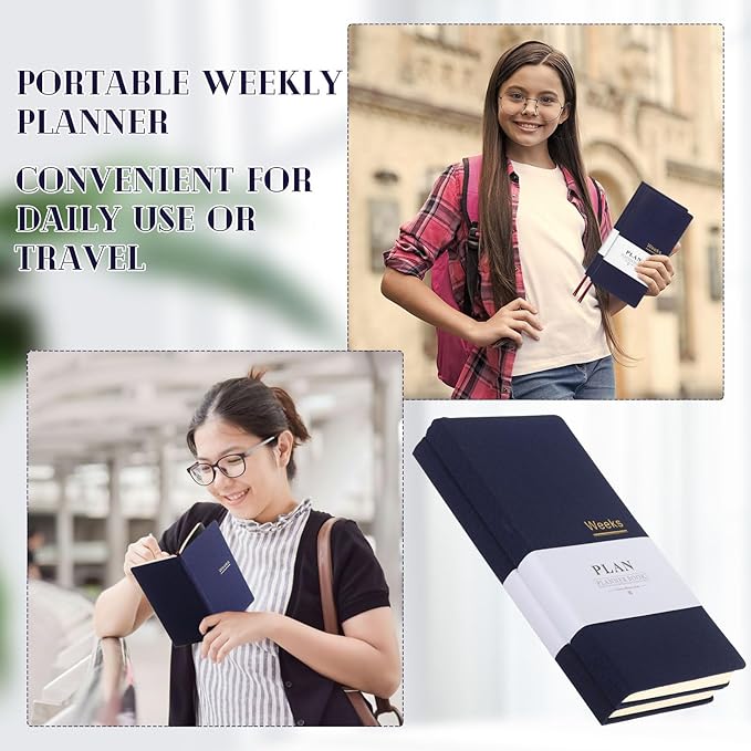 Fuyoooo 2 Pcs Weeks Planner Gift for Christmas, A6 / 3.9x7.4 inch Portable Planner Undated Pocket Size Calendar Year Month Week Mini Slim Notebook Journal Schedule for Traveler Office (Navy Blue)