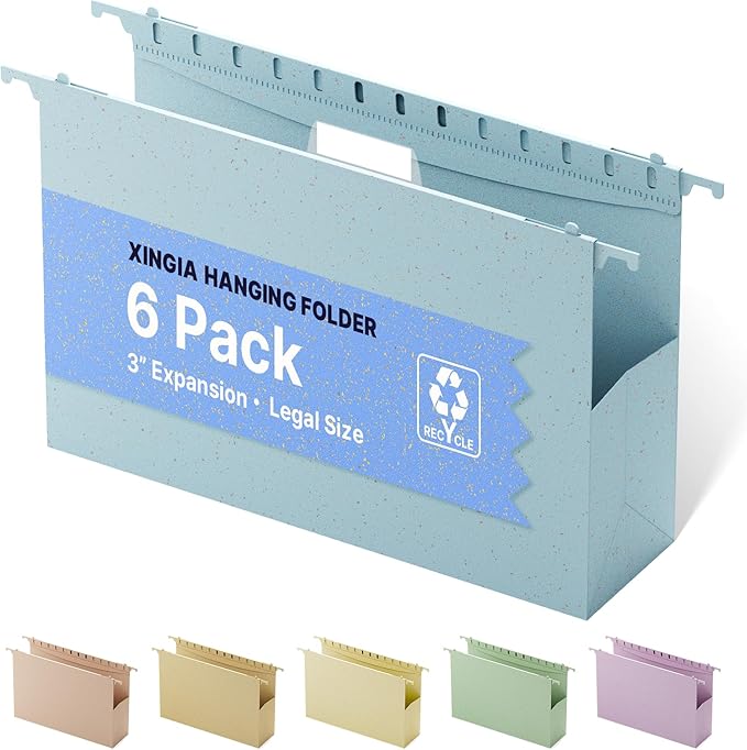 XINGIA Legal Size Hanging File Folders Extra Capacity,Heavy Duty 3 Inch Expansion,Plastic File Folders Hanging with Tabs,6 Pack Wheat Straw Hang Folders for Filing Cabinet,Expandable File Organizer