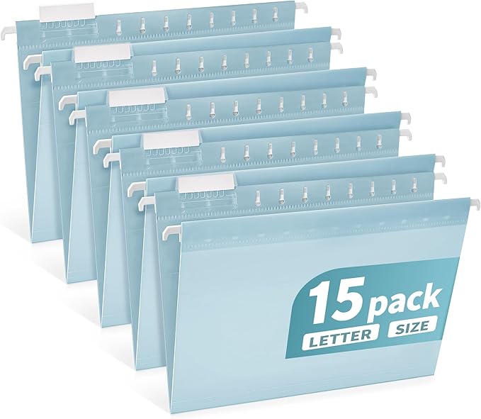 Plastic Hanging File Folders Letter Size, Colored Hanging File Folders with Tabs, Durable Waterproof Plastic Hanging Folders for Filing Cabinets, Office, School & Home Organization (15, Blue)