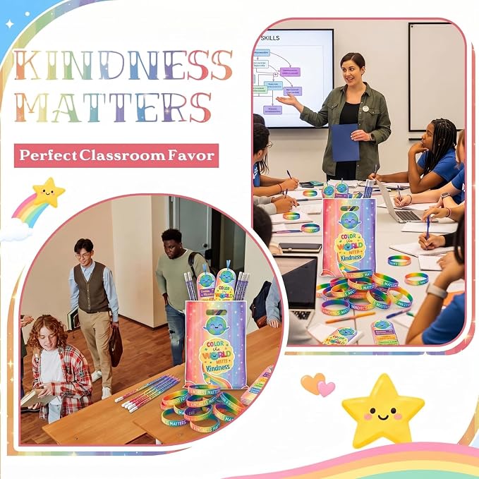Resurhang 200 Pcs Color the World with Kindness Assorted Items Bulk 50 Set Kindness Week Plastic Goody Bag Bookmark Pencil Be Kind Bracelets Accessories for Anti Bullying Month Party Favor
