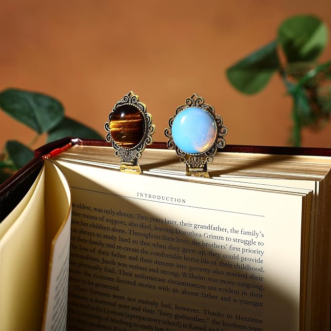 2Pcs Vintage Natural Stone Protein &Tiger Eye Bookmark with Natural Crystal Stone - Fantasy Brass Metal Bookmarks for Reading Women, Men, Book Lovers, Girls and Teachers Book Marks(Tiger Eye&Natural)