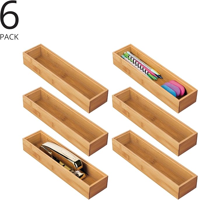 mDesign Slim Wooden Bamboo Drawer Organizer for Office - 12" Long Stackable Storage Box Tray for Desk Drawers/Cabinet - Junk Drawer and Accessories Organization - Echo Collection, 6 Pack, Natural Wood