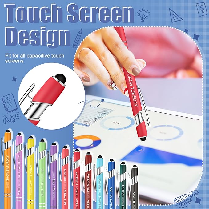 Zonon 12 Pcs Inspirational Pens Gift Set Funny Ballpoint Pen with Stylus Tip Motivational Graduation Gifts Bulk for Teacher Coworkers Nurse School Office Supplies(Fancy Color,Funny Week)