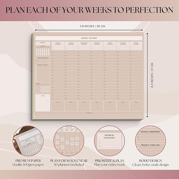 Weekly Hourly Planner Notepad, Daily Planner Desk Pad, Weekly Schedule, To Do List Note Pad, ADHD Planner | 50 Undated Tear Away Sheets | A4 (Lux)