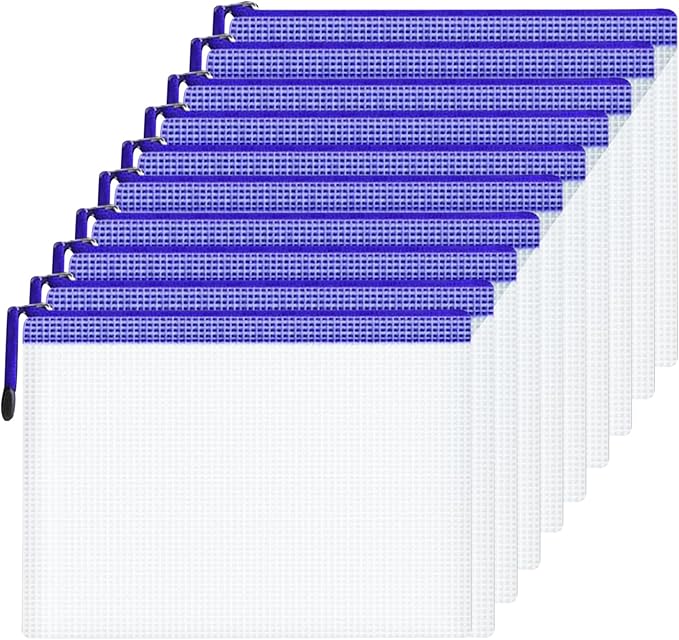 Mesh Document Bag Set of 10, Waterproof Zipper Pouch / A4 Size Zip File, for Household Daily Storage School Office M-D-2B (White, B4 (15.35×11.22 Inch))