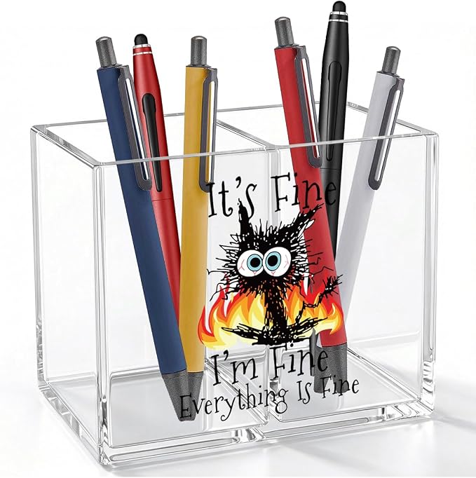 It's Fine I'm Fine Acrylic Cosmetic Pencil Pen Holder Funny Black Cat Pen Holder Cup Sarcastic Gifts for Cat Lover Women Men Colleague Boss Decor for Home Office Desk Accessories