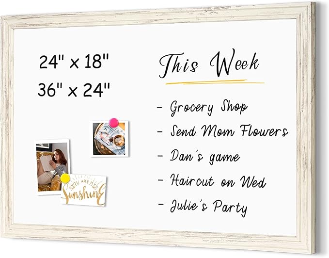 4 THOUGHT Dry Erase Board, 24 x 18 in Magnetic Whiteboard White Vintage Wood Frame Decorative White Board Wall-Mounted Notice Board for School, Office, Home, 8 Magnets 4 Markers 1 Eraser