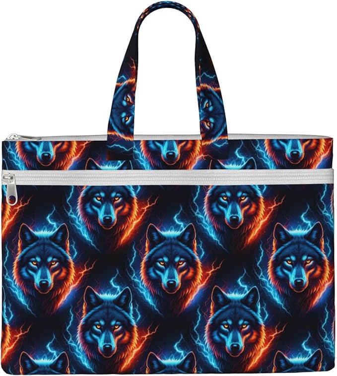 Portable Canvas Document Briefcase, Zippered File Bag with Handle for Office Meeting Travel, Fire Flame Wolf