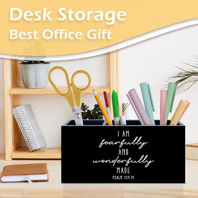 Affirmation Christian Pen Pencil Holder, Christian Desk Accessories, I Am Fearfully And Wonderfully Made Bible Verse Wooden Pen Pencil Organizer for Office Home Bedroom Desk Decor