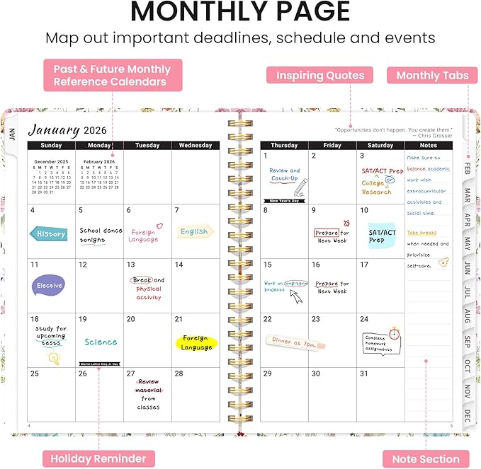 2026 Planner, Weekly and Monthly Calendar Planner for Women, Jan 2026 - Dec 2026, Hardcover Planning Agenda book with Tabs, Spiral Bound, Inner Pocket, Perfect for School Office Supplies, 8.5" x 11" - Wildflowers