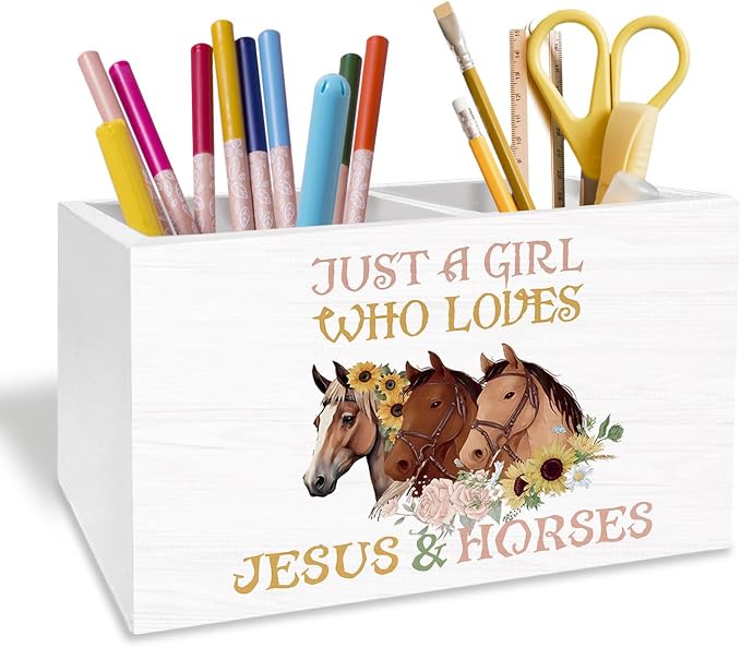 Floral Horse Christian Pen Holder for Desk, Horse Lover Gifts Pencil Organizer, Just a Girl Who Loves Jesus and Horses Wooden Box Sign Desk Decor for Girls Room Home Decoration