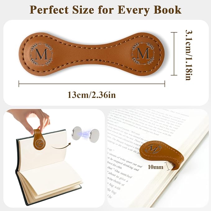 Personalized Leather Magnetic Bookmark with Pen Holder – Custom Initial Design for Readers（Brown-S）