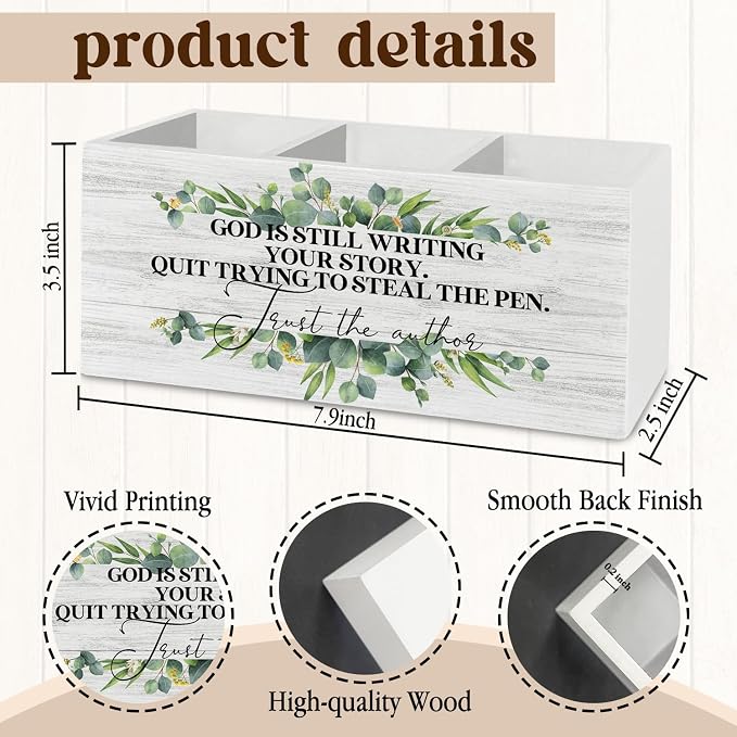 Christian Pen Pencil Holder Organizer for Desk Accessories, Sage Green Eucalyptus Bible Verse Wooden Box Sign Desk Decor for Home Office Decoration, Christian Gifts for Women Men