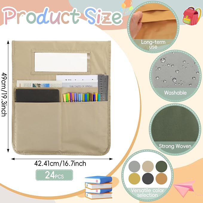 gisgfim 24 Pcs Chair Pockets for Classroom 16.7 x 19.3 Inch s with Name Tag Chairback 3 Pockets Chairs Seat Back Organizer for Elementary School Daycare Home Supply (Earth Color)