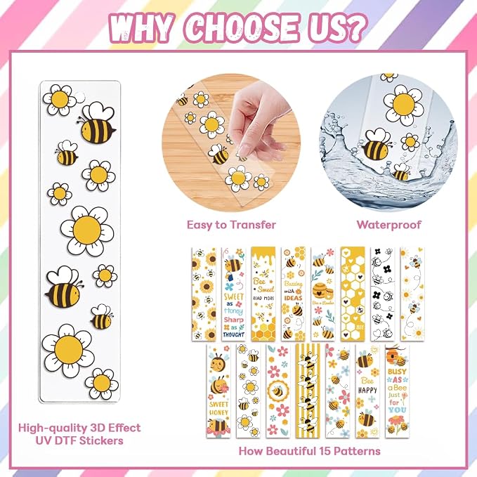 Peacoblue 30pcs UV DTF Bookmarks Transfer Stickers Wraps Bee and Flowers for Women Men Reading, Waterproof Bookmarkers Decal(No Blank Bookmarks) for Acrylic Plastic Metal Blank Bookmark