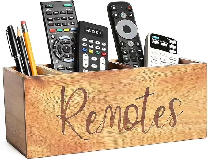 Remote Control Holder, Farmhouse Wood TV Organizer for Table, Wooden Remote Control Organizer, Remote Storage Caddy, Remote Control Organizer (Brown, 9.8 Inch Labeled Remote)