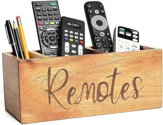 Remote Control Holder, Farmhouse Wood TV Organizer for Table, Wooden Remote Control Organizer, Remote Storage Caddy, Remote Control Organizer (Brown, 9.8 Inch Labeled Remote)