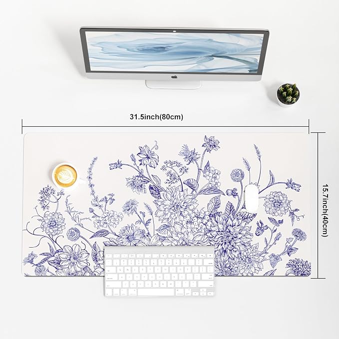 Colorful Star Large Mouse Pad, Floral Desk Mat Office Supplies, Waterproof Faux Leather Big Gaming Mousepad for Women Girls, Vintage Blue Flowers Desk Pad Home Office Décor Accessories 31.5" x 15.7"