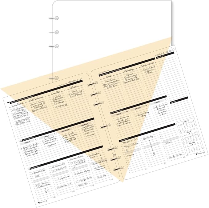 Planner Pad 7 Hole Loose Leaf 3-Tier Funnel Down 12 Month Organizer, October 2025 – September 2026 / Academic Year Black Ink, 8 1/2" x 11”