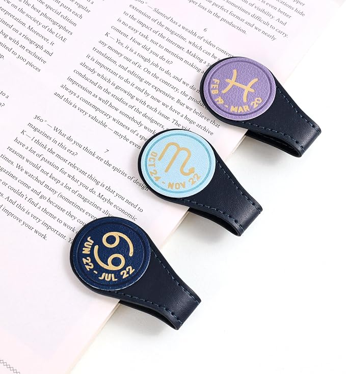3 PCS Leather Magnetic Bookmark Clips, Zodiac PU Leather Bookmarks for Book Lovers, Full Set of Book Clip Accessories, Water Sign