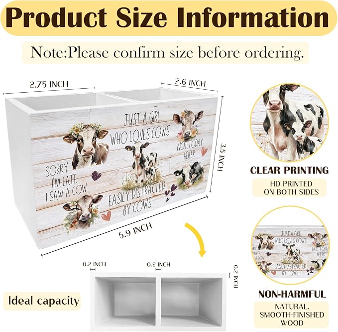 Rustic Cow Pen Holder for Desk, Cow Lover Gifts for Women Pencil Organizer, Just a Girl Who Loves Cows Wooden Box Sign Desk Decor for Farmhouse Home Office Decoration
