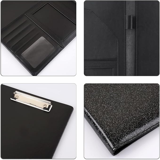 WAVEYU Glitter Portfolio Case, Bling Padfolio Cover for Women, Conference/Resume/Legal Document Organizer with Letter/A4 Size Clipboard Hardboard, Business Card Holders, Black