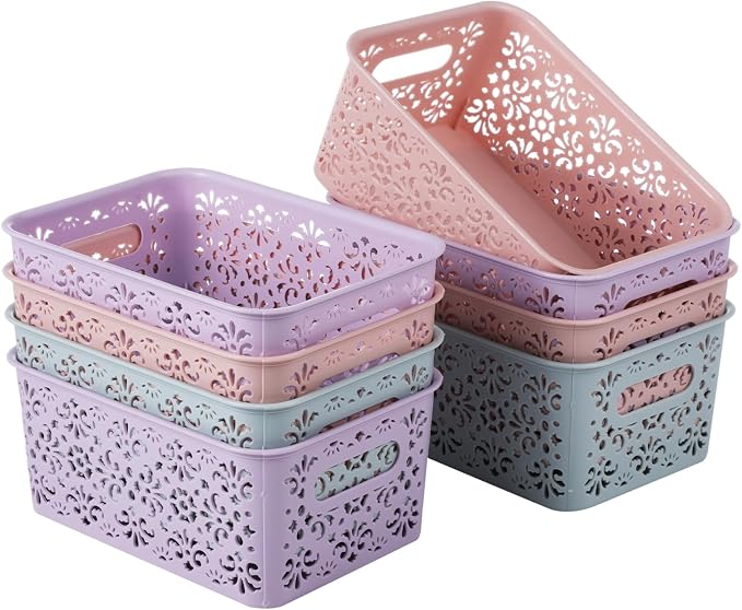 8 PCS Plastic Storage Baskets, Bathroom Basket Organizers with Handle, Portable Hollow Storage Baskets, Stackable Bins for Home Bathroom Office School Flower Pattern