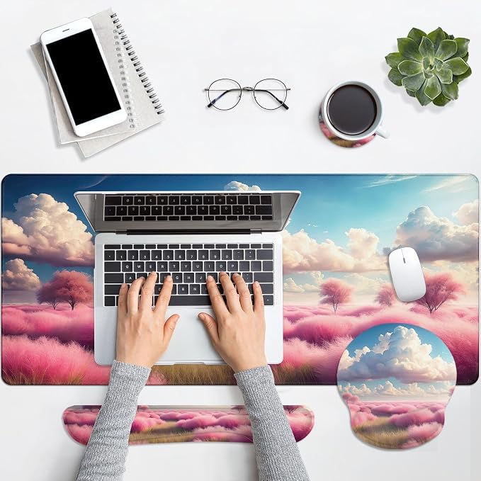 Britimes Dreamy Clouds Pink Plants Keyboard Mouse Pad Set 4in1 Large Mousepad+Keyboard Wrist Rest+Mouse Wrist Rest+Coaster Set with Ergonomic Design for Home Office Computer 35.4x15.7 inches