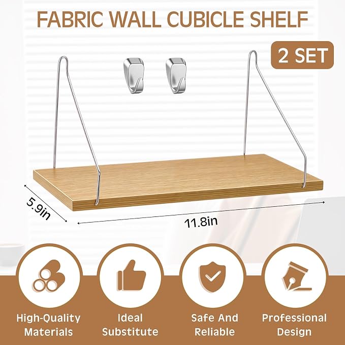 2 Pack Fabric Wall Cubicle Shelf with 40 Lbs Metal Hooks for Wall Decor, 11.8'' Solid Wooden Hanging Organizer Storage Shelf with Hangers Cubicle Accessories for Women Men Desk Office