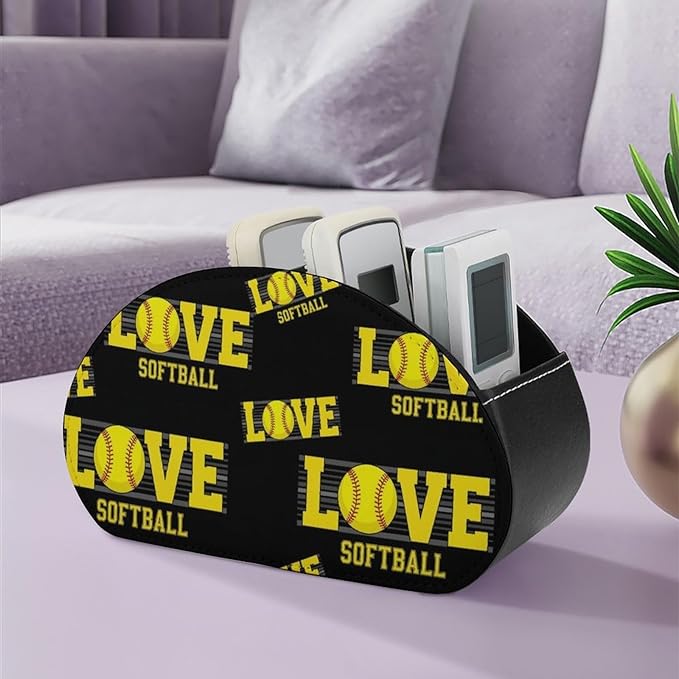 Remote Control Storage Box with 5 Compartments, PU Leather Organizer for Media Players, TV Remotes, and Office Desk, Love Sports Softball