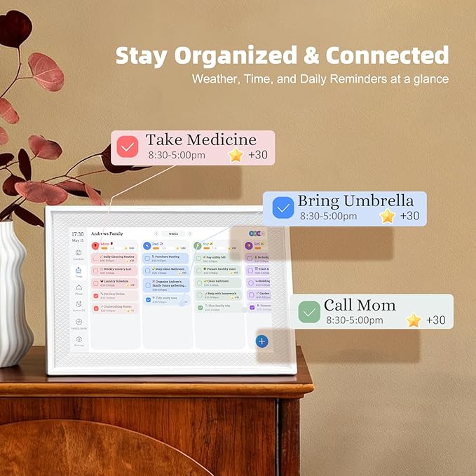 10.1" Smart Digital Calendar Display - WiFi Family Command Center & Chore Chart, Syncs Apple/Outlook/Google Calendar, Touch Screen Daily Planner, No Subscription (White Art Deco)