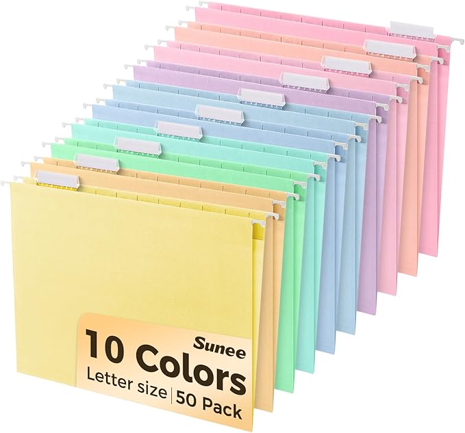 SUNEE Hanging File Folders, 50 Pack Letter Size Hanging File Folders with 1/5-cut Tabs, Stay Organized for Your Home and Office Bulk File, Documents and Paper, 10 Macaron Colors