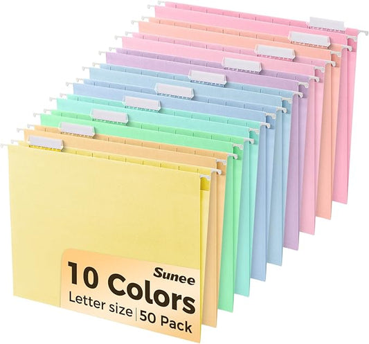 SUNEE Hanging File Folders, 50 Pack Letter Size Hanging File Folders with 1/5-cut Tabs, Stay Organized for Your Home and Office Bulk File, Documents and Paper, 10 Macaron Colors