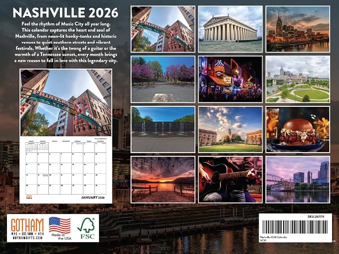 Nashville Calendar 2026 Wall 12 Month Monthly TN Scenic Souvenirs Tennessean Themed Gifts | American Made In The USA