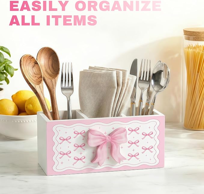 Pink Bow Pen Pencil Holder for Office Desk Pink Bow Office Decor Wooden Coquette Organizer Desktop Decor Gift for Girls Cute Makeup Brush Toothbrush Holder for Bathroom Desk Accessories