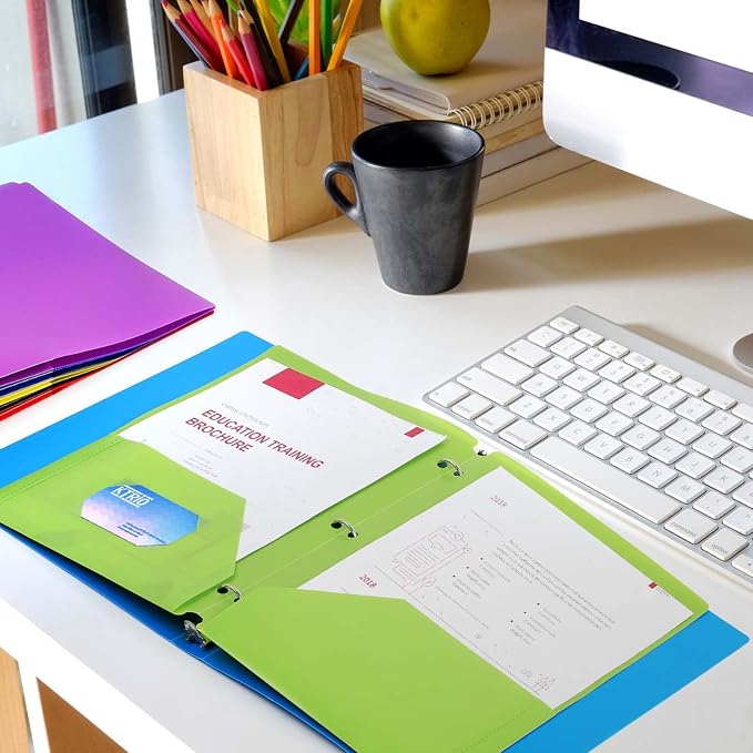 KTRIO Folders with Pockets 3 Hole Punched, 6 Pack Plastic Folders for 3 Ring Binder, Letter Size Colored Poly Folder with Business Card Slot for School Students Teachers