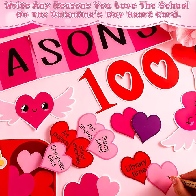 OBUSATT Valentine's Day Bulletin Board Set Valentine 100 Reason Love School Classroom Decoration 100 Days of School Bulletin Board Love Heart Cutouts for Classroom Home Door Chalkboard Wall Decor