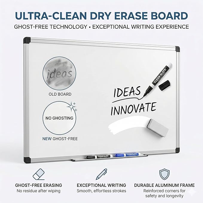 Magnetic Dry Erase Board 36 x 24 Inches - Wall Mounted Whiteboard with Aluminum Frame, Pen Tray & Accessories - Ghost-Free White Board for Home Office, School, and Organization
