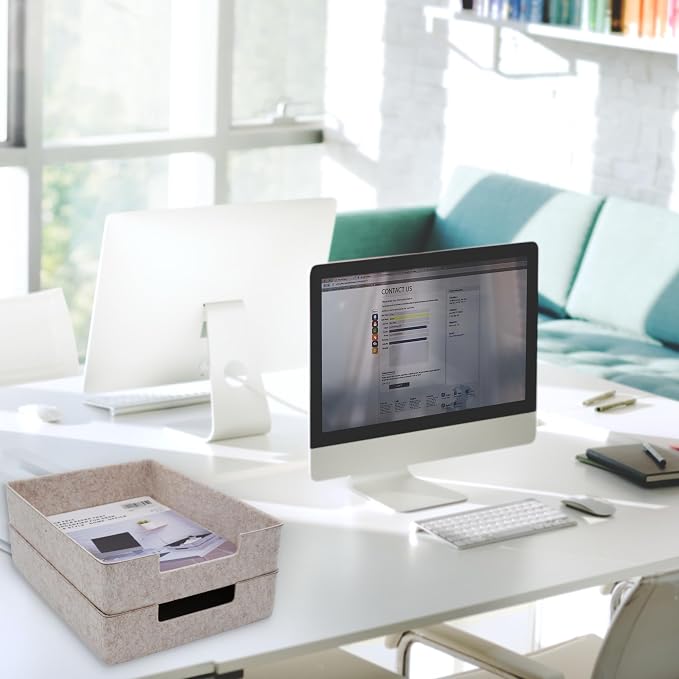 WELAXY 2-piece Stackable Desk Drawer Organizer Trays Felt Storage Bins Document File Papers Magazines Organizing Box Soft Sturdy Office Supplies (Oatmeal)