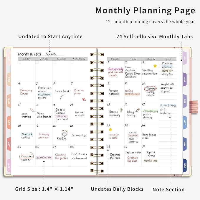 RETTACY Undated Planner, Weekly and Monthly, 53 Weeks and 12 Months, Medium Size (5.7" x 8.3"), 24 Self-adhesive Monthly Tabs, Hardcover, 100 GSM Thick Paper, Spiral-bound (Pink)