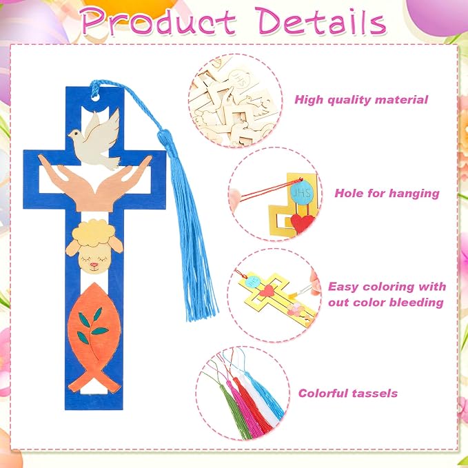 Yexiya 100 Pcs/ 50 Sets Christian Cross Crafts for Kids Wooden Religious Cross Bookmarks with Tassels for Baptism Sunday School Christian Religious Gifts for Vacation Bible Classroom and Church Events