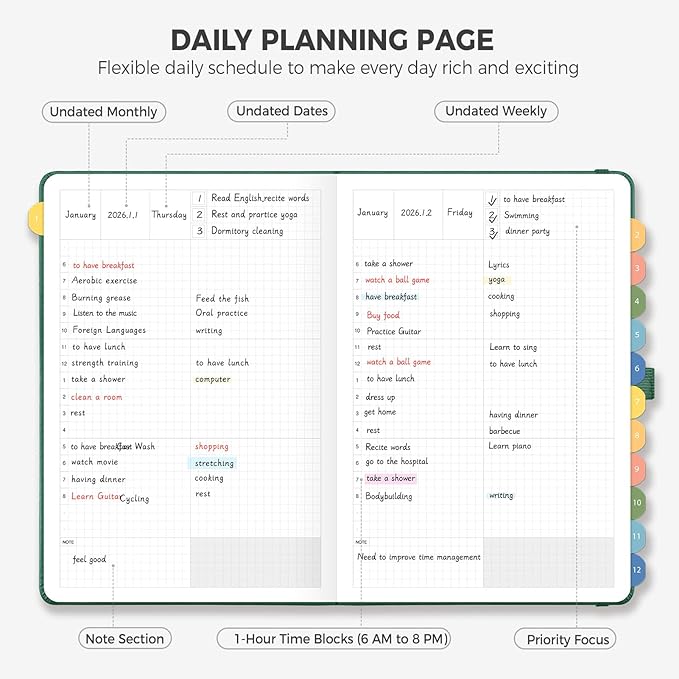 Daily Planner Undated, Appointment Book for Hourly, Daily and Monthly, 365 Days, One Page a Day, Medium Size (5.7" x 8.3"), Leather Hardcover, 12 Self-adhesive Monthly Tabs (Dark Green)